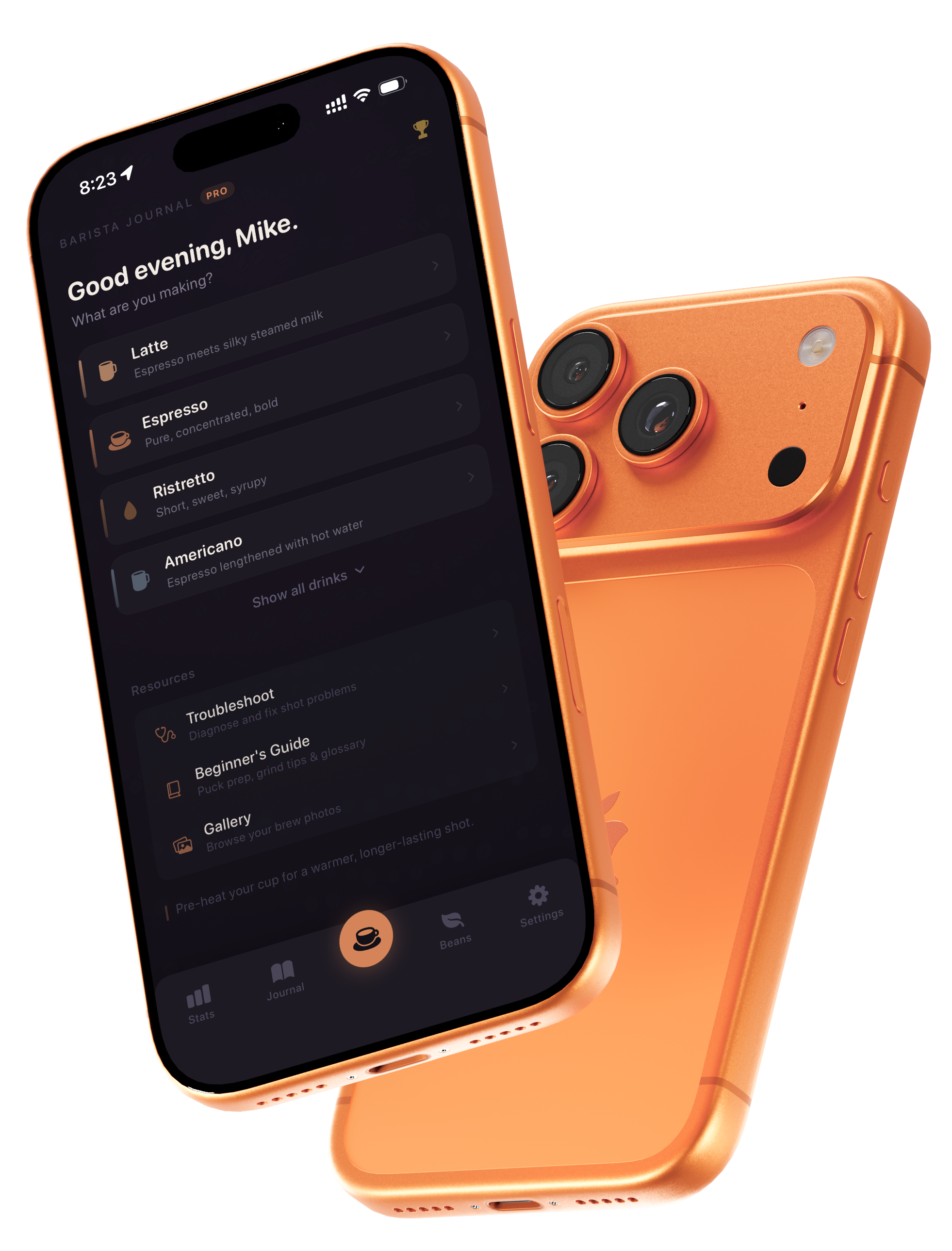 Barista Journal app preview on an iPhone
